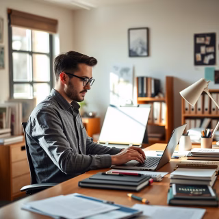Content Writer Working at Desk with Laptop and Notebooks