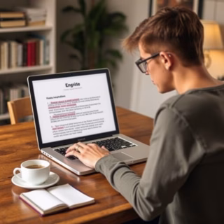 Beginner Proofreading Content on a Laptop with Coffee and Notebook