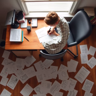 Person Brainstorming Blog Ideas Surrounded by Paper Sketches and Content Notes