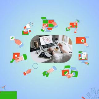 Illustration Showing Email Writing Icons and a Person Typing an Email on a Laptop