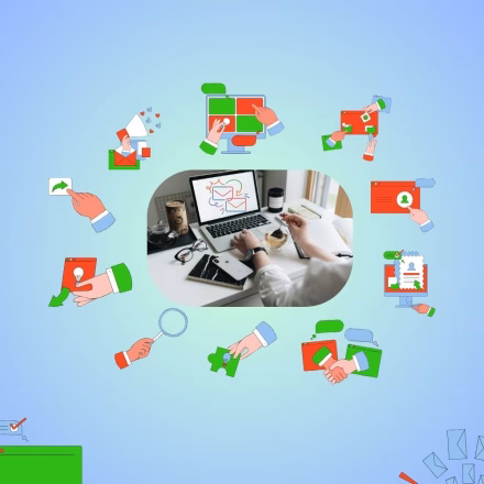 Illustration Showing Email Writing Icons and a Person Typing an Email on a Laptop