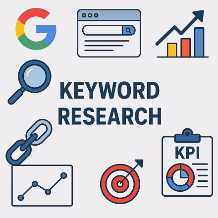 Keyword Research Icons Including Search Bar Analytics Google Logo and Kpi Chart