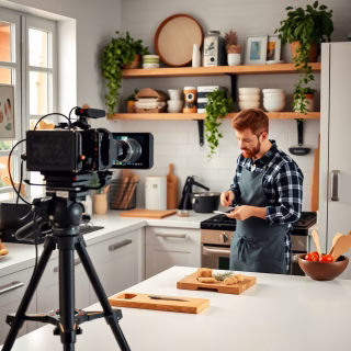 Man Filming Cooking Content in a Modern Kitchen Setup for Youtube