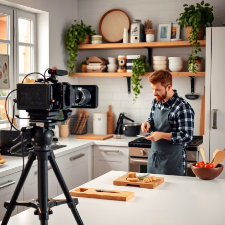 Content Creator Filming YouTube Video in Kitchen Studio Hyper Content Man Filming Cooking Content in a Modern Kitchen Setup for Youtube
