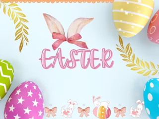 Colorful Easter Eggs and a Greeting Card with Happy Easter 2025 Wishes