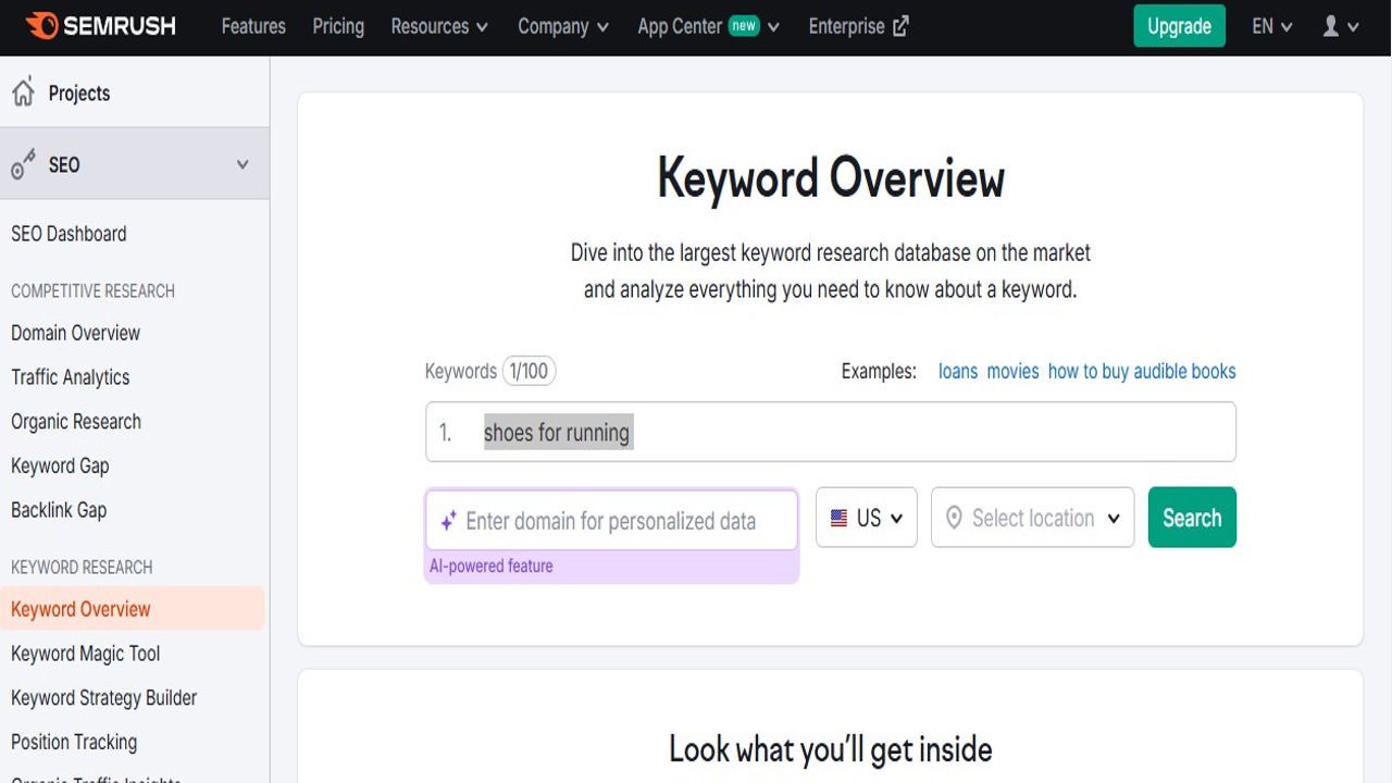 Image highlighting keyword overview in SEMrush Hyper Content Blog Get a Keyword Overview