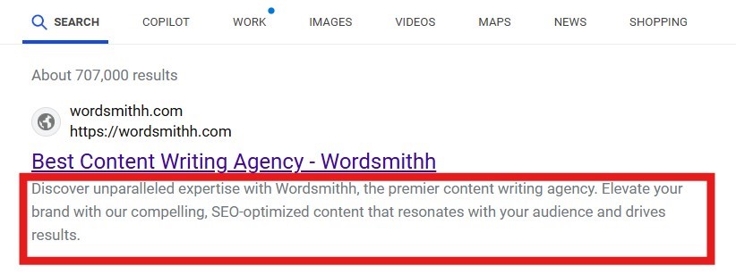 metadescriptionofwordsmithh Hyper Content Blog Example of Meta Description on Google