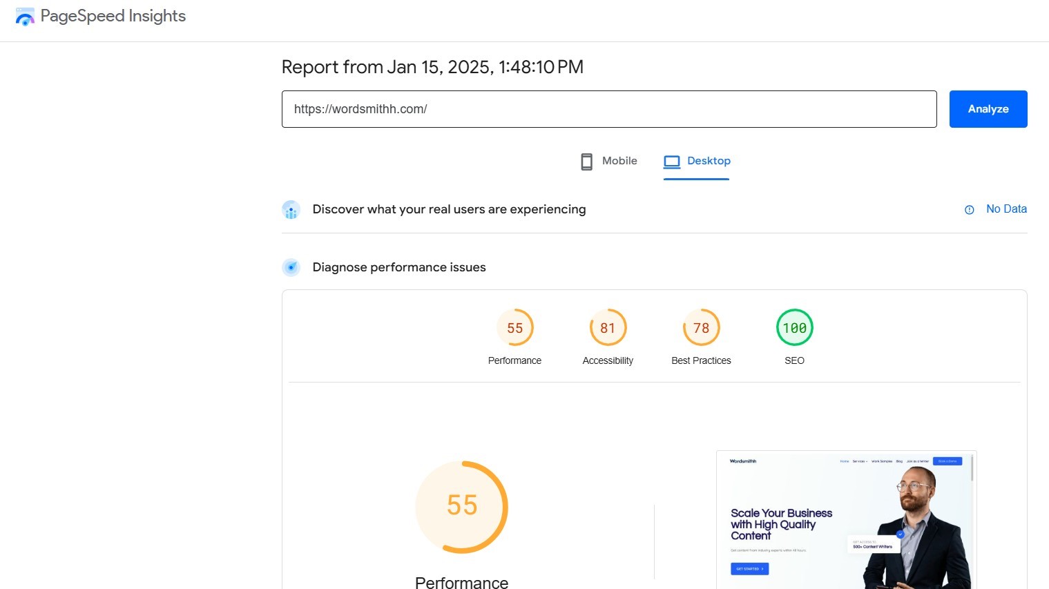 pagespeedinsightsofwordsmithh Hyper Content Blog Page Speed Insights of Wordsmithh
